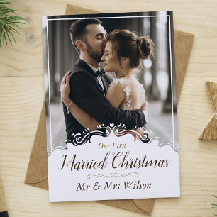 Cartão Postal De Festividades Elegante Nosso Primeiro Natal de Casados Uma Foto