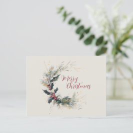 Cartão Postal De Festividades Elegante Pine e Holly Wreath com Destaques Dourado