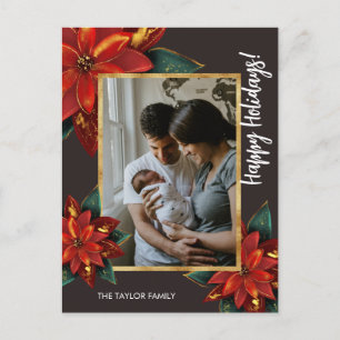 Cartão Postal De Festividades Elegante Poinsettia Feliz Foto da Família de Natal