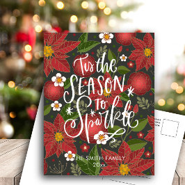 Cartão Postal De Festividades Elegante Red Poinsettia Floral Moderna Script Chic