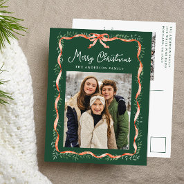 Cartão Postal De Festividades Elegante Red Ribbon e Greenery 2 Foto