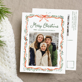 Cartão Postal De Festividades Elegante Red Ribbon e Greenery 2 Foto