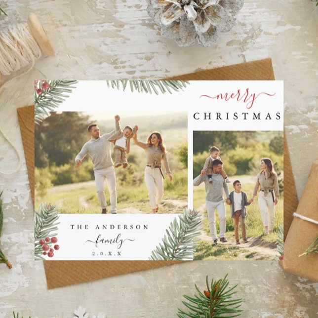 Cartão Postal De Festividades Elegante Rustic Pine Christmas 2 Custom Photo Invi (Criador carregado)