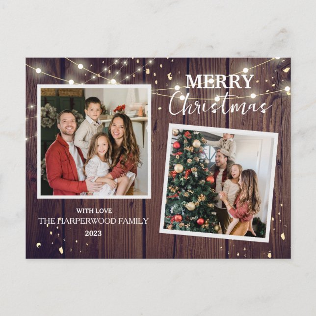 Cartão Postal De Festividades Elegante Rustic Wood Christmas Family 2 Photo (Frente)