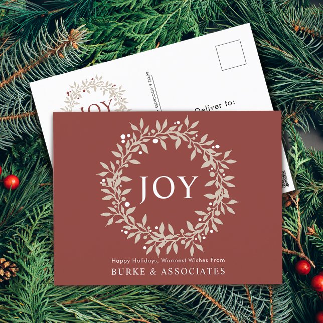 Cartão Postal De Festividades Elegante Rustic Wreath Joy Business (Elegant Rustic Wreath Joy Business Holiday Postcard)