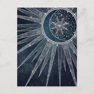 Cartão Postal De Festividades Elegante Sun Moon Doodle Mandala Blue Design