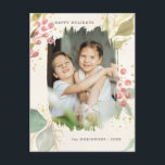 Cartão Postal De Festividades Elegante Watercolor Winter Berries & Greenery Foto<br><div class="desc">Enviar um floral festivo e elegantemente subestimado de férias com pulverizações de forma pastel, ao estilo aquarela, de frutos de inverno e verde, com faíscas de ouro em fundo de nano quente, com um modelo fotográfico único, ao estilo de troca aquática, e campos de texto editáveis. A parte traseira apresenta...</div>