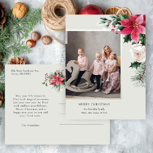 Cartão Postal De Festividades Elegantes Poinsettias, Rosas e Fotos de Pinheiro e