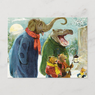 Cartão Postal De Festividades Elephants Hippopotamus & Bears Christmas Caroling