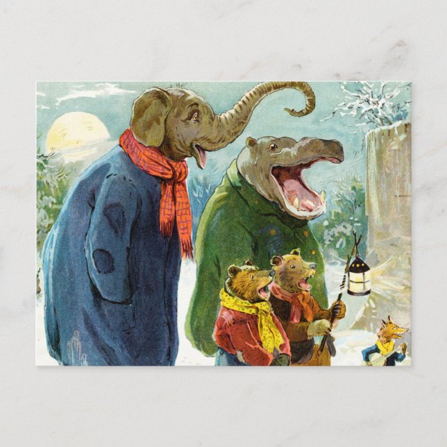 Cartão Postal De Festividades Elephants Hippopotamus & Bears Christmas Caroling (Frente)