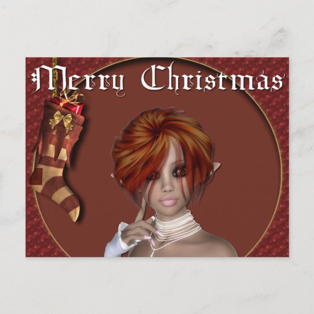 Cartão Postal De Festividades Elf de Natal - Redhead Design 1 - Fantasy Postcard (Frente)