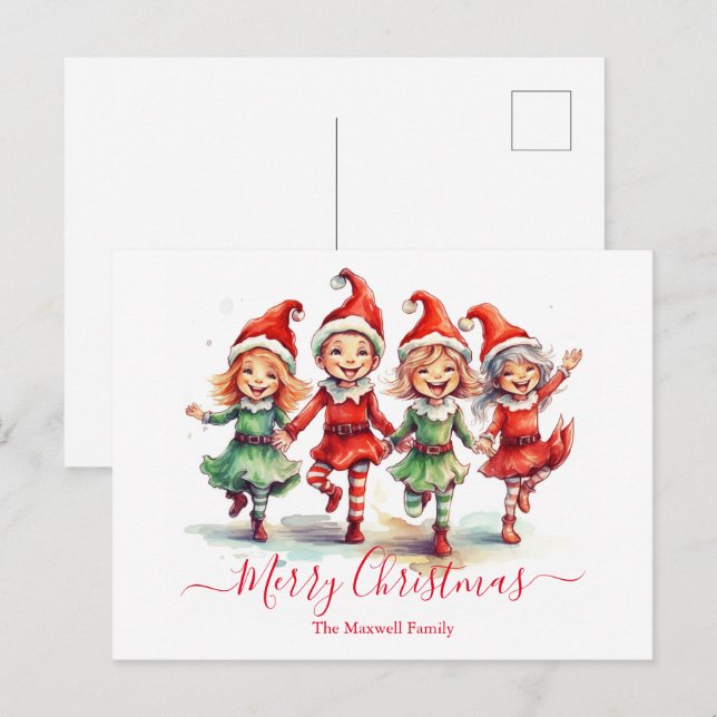 Cartão Postal De Festividades elfos de Natal (Frente/Verso)