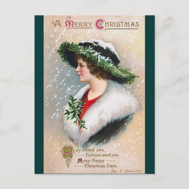 Cartão Postal De Festividades Ellen H. Clapsaddle - Mulher de Natal em Verde (Frente)