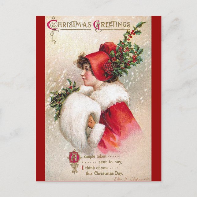 Cartão Postal De Festividades Ellen H. Clapsaddle - Mulher de Natal em Vermelho (Frente)