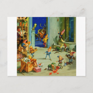 Cartão Postal De Festividades Elves de papais noeis trabalhando em sua oficina s
