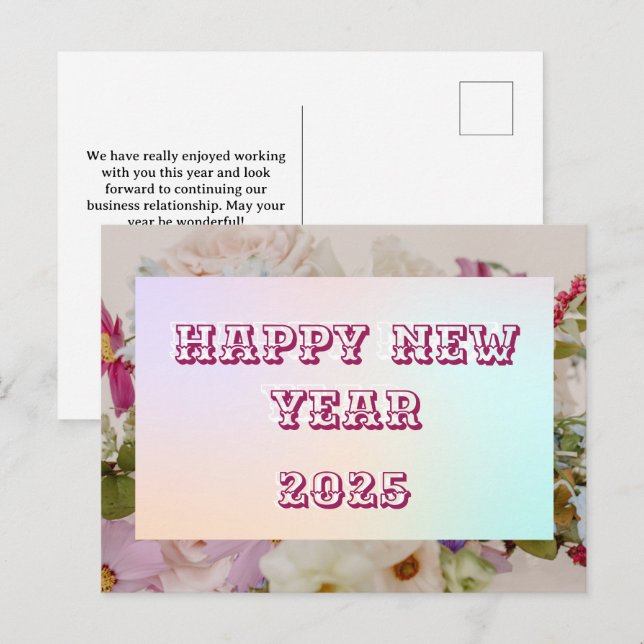 Cartão Postal De Festividades Empresa Rosa Personalizada Floral com Feliz ano no (Frente/Verso)