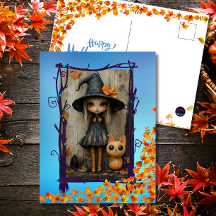 Cartão Postal De Festividades Encantando Bruxa de Halloween e Gato de Abóbora