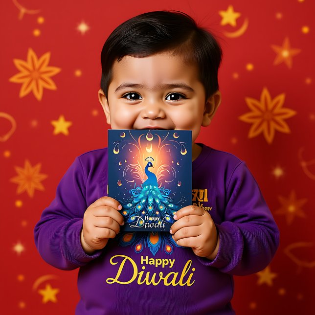 Cartão Postal De Festividades Encantando Diwali Delight com 🦚 Pavão azul (Enchanting Diwali Delight with blue Peacock🦚 Holiday Postcard, custom text)