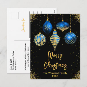 Cartão Postal De Festividades Enfeites Azuis e Dourados Feliz Natal