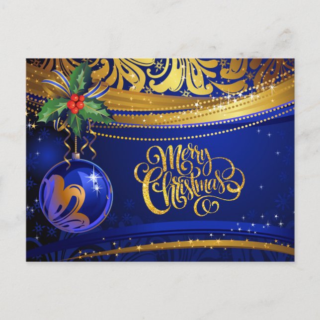 Cartão Postal De Festividades Enfeites de natal Dourado azul Holly de Natal (Frente)