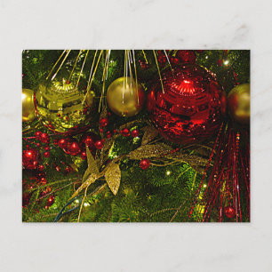 Cartão Postal De Festividades Enfeites de natal vermelhos e Dourados PCard Árvo