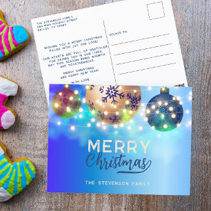 Cartão Postal De Festividades Enfeites Modernos de Natal Azul Dourado Família