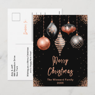 Cartão Postal De Festividades Enfeites Preto e Dourado Rosa Feliz Natal