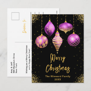Cartão Postal De Festividades Enfeites Roxo e Dourado Feliz Natal