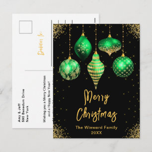 Cartão Postal De Festividades Enfeites Verde e Dourado Feliz Natal