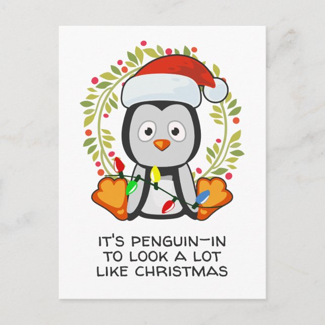 Cartão Postal De Festividades Engraçado Canção De Natal Pun Penguin (Frente)