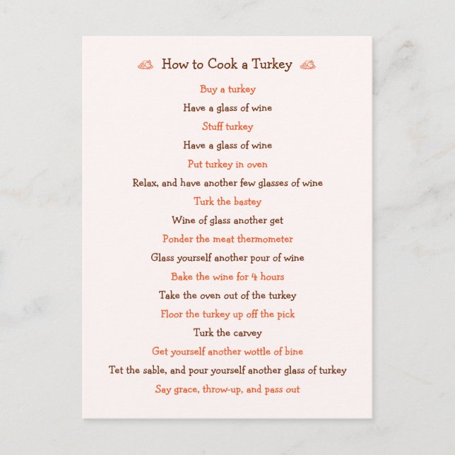 Cartão Postal De Festividades Engraçado Como Cozinhar A Receita De Ação De Graça (Frente)