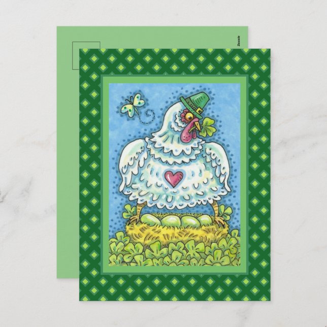 CARTÃO POSTAL DE FESTIVIDADES ENGRAÇADO IRLANDÊS HEN, OVOS VERDES E XINAS DE SHA (Frente/Verso)