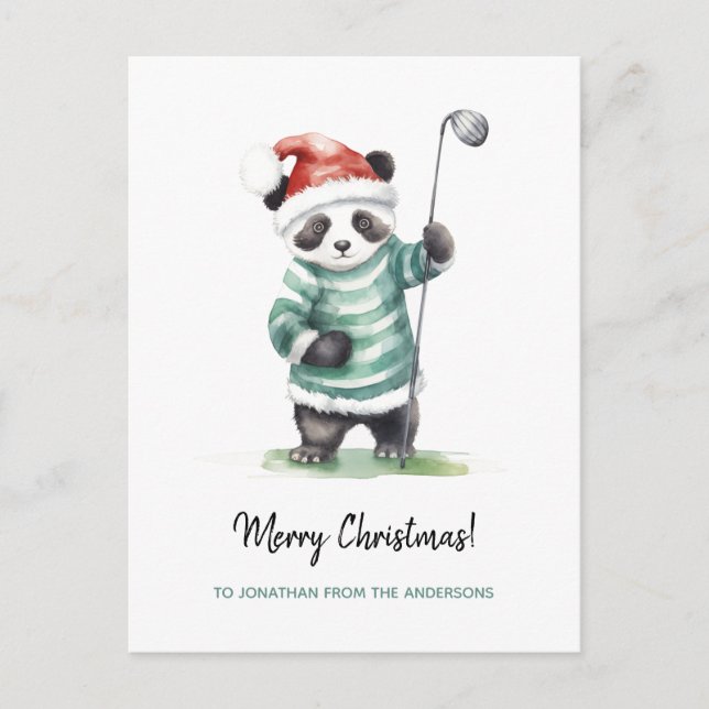 Cartão Postal De Festividades Engraçado Panda jogando golfe no Natal (Frente)