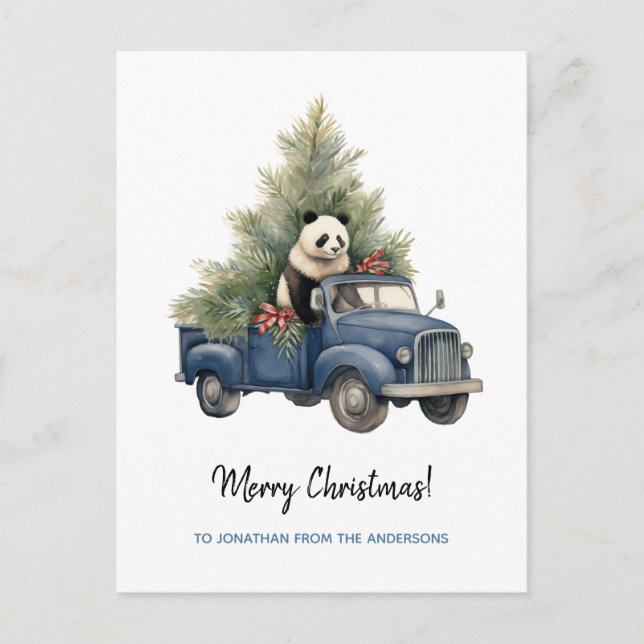 Cartão Postal De Festividades Engraçado Panda no Blue Retro Truck Xmas (Frente)