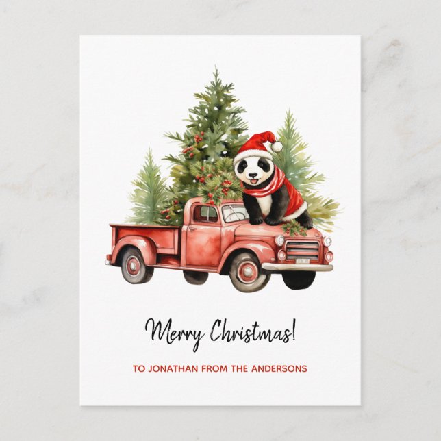 Cartão Postal De Festividades Engraçado Panda no Red Retro Van Xmas (Frente)