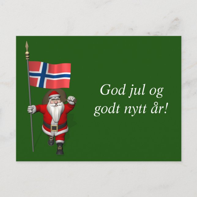 Cartão Postal De Festividades Engraçado Papai Noel Com Bandeira Da Noruega (Frente)