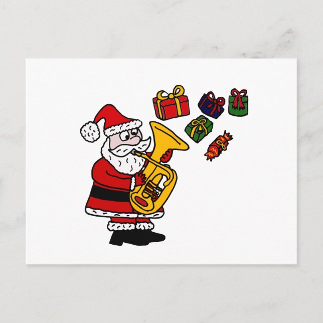 Cartão Postal De Festividades Engraçado Papai Noel Tocando Arte De Natal Tuba (Frente)