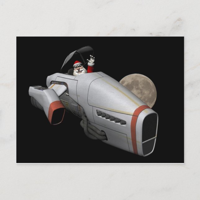 Cartão Postal De Festividades Engraçado Papai Noel Voando Uma Nave Espacial (Frente)