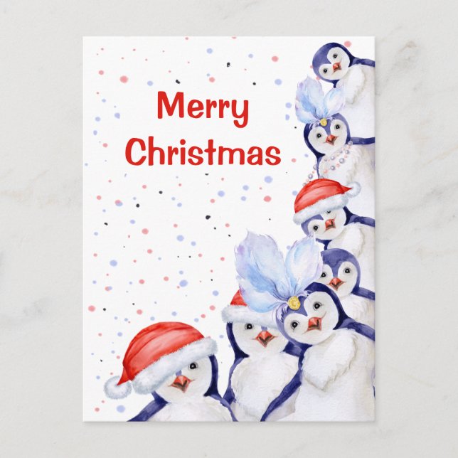 Cartão Postal De Festividades Engraçado Pinguins de Natal Aquarela (Frente)