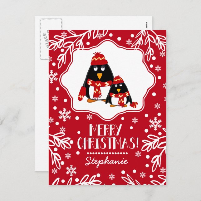 Cartão Postal De Festividades Engraçado Pinguins Personalizado Natal (Frente/Verso)