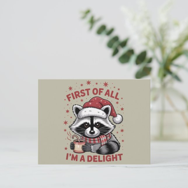 Cartão Postal De Festividades Engraçado Raccoon, antes de tudo, sou um Feliz Nat (Em pé/Frente)