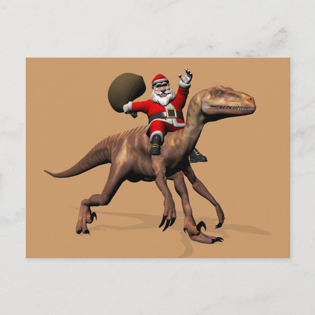 Cartão Postal De Festividades Equitação de Papai Noel em Deinonychus (Frente)
