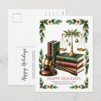 Cartão Postal De Festividades Escala de Justiça Dourada Coroa de Azevinho Advoga
