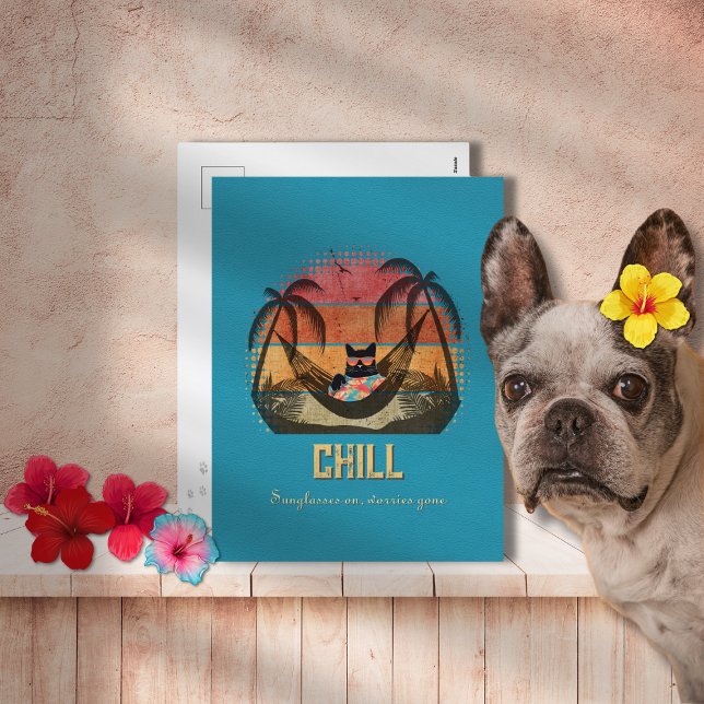 Cartão Postal De Festividades Escape tropical de Gato Legal e Sonhador (Daydreaming Cool Cat's Tropical Escape Holiday Postcard)