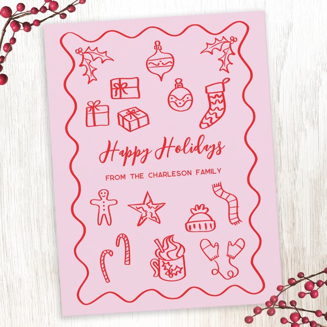 Cartão Postal De Festividades Escrivação moderna Ilustração de Doodle Rosa e Ver (Fun pink and red hand drawn doodle personalized name Christmas holiday postcard)
