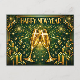 Cartão Postal De Festividades Esmeralda Dourado Art Déco Celebração de Champanhe