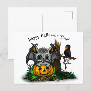 Cartão Postal De Festividades Esperando o Halloween, Cute Bat e Raven