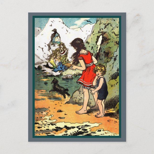 Cartão Postal De Festividades Espiamos Duas Sereias nas Rochas (Frente)