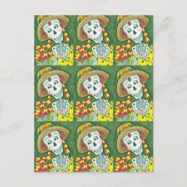 CARTÃO POSTAL DE FESTIVIDADES ESQUELETO NA PRIMAVERA E TULIPAS, DAMA ESQUELETO D (Frente)