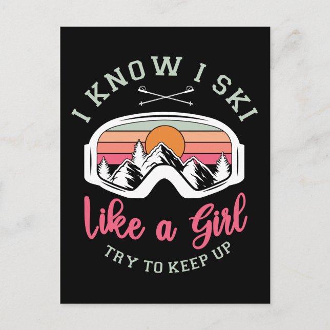 Cartão Postal De Festividades Esqui De Neve Da Retrô Como Uma Garota Tentando Ma (Frente)